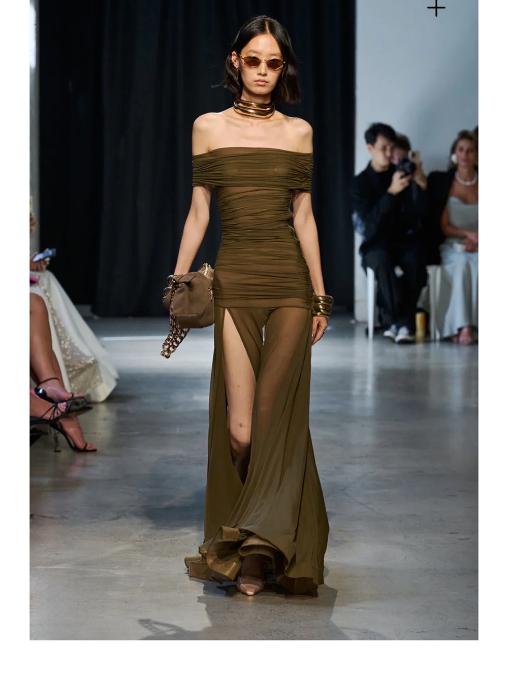 NWT Bronx and Banco Off-Shoulder Sheer Maxi Dress in Khaki - Picture 2 of 5